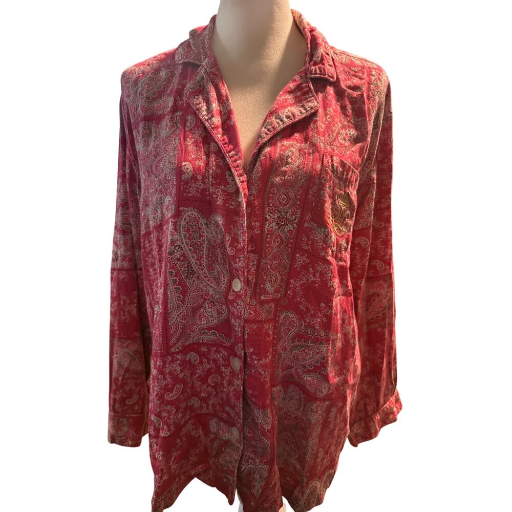 Lauren Ralph Lauren Paisley Pajama Top, Red Button Front Sleep Shirt, Women's XL